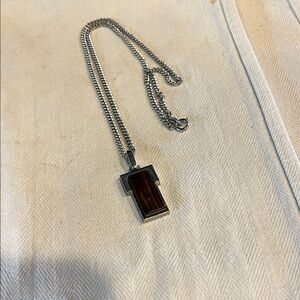 Vintage Avon Silver-Tone Necklace with Dark Brown Wood Inlay Pendant